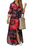 EFOFEI Lady Casual Floral Print Maxi Dresses Irregualr Long Shirt Dress Elegant Maxi Beach Dress Chain Print Lapel Neck Dress Red XL