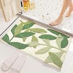 QIUKUN Bathroom Rug Mat Leaves Plush Microfiber Strong Water Absorbent Green Bath Rug with Non Slip Back Small Bath Mat Cute Indoor Shower Mat Doormat for Bathroom