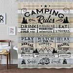 Camper RV Shower Curtain for Travel Trailer Bathroom, Farmhouse Camping Rules Quote Fabric Shower Curtains Set, Happy Camp Outdoor Decor Accessories with Hooks 72X72