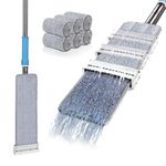 MASTERTOP Microfibre Floor Mop, Flat Floor Mop with Self Wringing, Hands Free Wet & Dry Mops for Cleaning Hardwood, Tile, Laminate, Marble - White + Blue, Send 6 Reusable Microfibre Pads