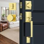 Calzibeno Front Door Lock Set, Gold Front Door Handle with Modern Knob, Exterior Door Handle with Lock, Reversible for Right & Left, Door Handle Exterior with Adjustable Deadbolt