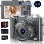 4K Digital Camera, 64MP Autofocus Vlogging Camera with Rear and Front Camera Lens, 16X Zoom, Anti-Shake, Compact Travel Video Camera for Photography YouTube Vlog, 32GB Card, 2 Batteries