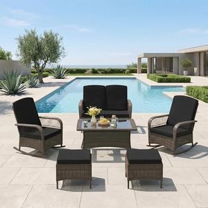 LEVELEVE Patio Furniture Set Outdoor Rattan Chair Wicker Sofa Garden Conversation Bistro Sets w/Loveseat for Yard,Pool or Backyard (7PC-2 Rocking Chair+Table+2 Ottoman)