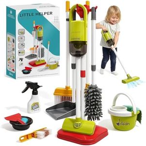 Dreamon Toddler Cleaning Set - 14Pcs Kids Cleaning Toy Set with 2-in-1 Kids Vacuum that Really Works, Pretend Home Cleaning Play Set for Toddler Age 3-7, Christmas Birthday Gift for Girls Boys（Red）
