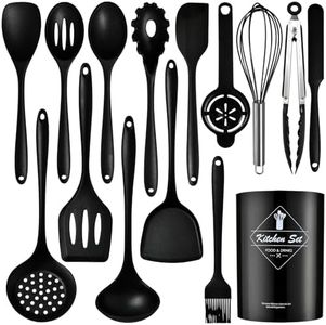 Dishwasher Safe Silicone Cooking Utensils Set - 446°F Heat Resistant 15 Pieces Kitchen Utensils, Turner Tongs, Spatula, Spoon, Whisk, Brush, Kitchen Tools Set for Nonstick Cookware (BPA Free, Black)