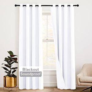 RYB HOME 3-in-1 Noise - Blackout - Thermal Insulation Living Room Didvier Curtains, Large Window Noise Blocker Curtains for Bedroom Dining Office, White, W52 x L84 in, 1 Pair