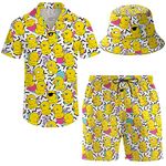 ifamawlea Men's 2 Piece Tracksuit Hawaiian Shirt Shorts Button Down Shirt and Shorts Sets with Bucket Hats, Retro 80s90s Memphis Rubber Duck, Medium