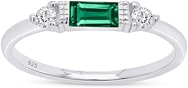 AFFY Baguette Cut Simulated Emerald And White Cubic Zirconia In 14K White Gold Plated 925 Sterling Silver Three Stone Design Bridal Engagement Wedding Ring Jewelry For Women Size -8