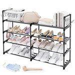 4 Tier Shoe Rack, Black Metal Shoe Racks, Stackable Shoe Shelf with Multifunctional Hooks, Hold 20 Pairs, Space Saving Shoe Rack, Shoes Rack for Closet,Show Rack