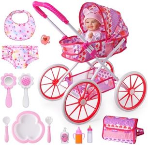 BABESIDE 10 Pcs Baby Doll Stroller Set with Feeding Doll Accessories, Baby Doll Stroller Toys for 12-16 Inches Dolls, Pretend Play Feeding Toy for Toddlers (Not Doll)