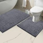 LuxUrux Bath Mat Set, Luxury Chenille (2-Piece) Soft Plush Anti-Slip Rug + Toilet Mat.1'' Microfiber Shaggy Carpet, Super Absorbent (Dark Grey, 80 x 50 cm + U Shaped 50 x 50 cm)