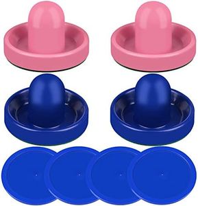 ONE250 Air Hockey Pushers and Blue Air Hockey Pucks, Goal Handles Paddles Accessories for Game Tables (4 Striker, 4 Puck Pack) (Pink & Blue)