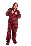 Hoodie Footed Buffalo Red Black Fleece Adult Onesie Pajama with Butt Flap