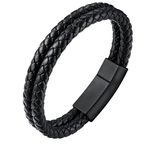 U7 Men's Double-Row Black Braided Leather Bracelet Bangel Wristband with Black Stainless Steel Metal Clasp, Fashion Cuff Bracelets 8.3"