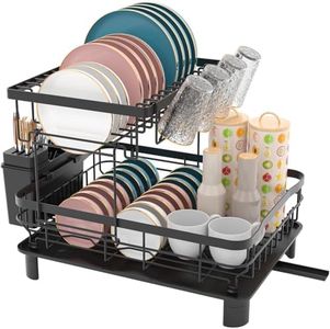 EZKOXAH Large Dish Drainers Tableware Drying Rack with Drip Tray and 360° Rotating Nozzle & Carbon Steel Rustproof Removable for Kitchen Sink Counter Storage & Organisation (Double Layer)