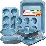 Baking Pans Set with Nonstick Coating - UltraThick Professional 8-Piece Bi-Color Pans including Cookie Sheet, Muffin, Loaf, Cake Pans, and Cooling Rack - Heavy Duty, Dishwasher Safe (Grey&Blue)