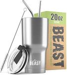 Beast Tumbler - 550 ml (20 oz), Silver | Reusable Stainless Steel, Vacuum Insulated Cup | with + 2 Straws & Cleaning Brush | Double Wall Travel Flask Perfect for Hot or Iced Coffee | BPA Free