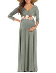 KIM S Maternity Maxi Dress with Flower Sash(S-3XL)/Wrapped Ruched V Neck Photoshoot Baby Shower Dresses, Grey Green, Large