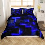 Navy Blue Black Bed Set 3D Glowing Buffalo Duvet Cover Twin Size Modern Abstract Art Twin Bedding Sets Geometric Plaid Comforter Cover, Gradient Futuristic Cubes Bed Cover (Black Reversible)