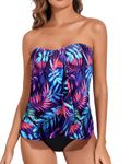 Tempt Me Two Piece Tankini Bathing Suits for Women Halter Bandeau Swim Top with Bottom Flyaway Tummy Control Swimsuit, Purple Leaf, Large