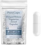 PureCaps USA - Empty White Vegetarian and Vegan Delayed Release/Acid-Resistant Pill Capsules Size 00, 500 Empty Joined Vegetarian Pills, Non-GMO Certified, Kosher, Gluten Free, Preservative Free