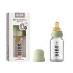 BIBS Baby Glass Bottle. Anti-Colic. Round Natural Rubber Latex Nipple. Supports Natural Breastfeeding, Complete Set - 110 ml, Sage