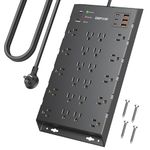 DEPOW Surge Protector Power Strip, 6.5FT Long Flat Plug Extension Cord with 22 AC Outlets (1875W/15A), 6USBs (3 USB-C Ports), 2100J Surge Protection, Wall Mountable for Gaming, Office, Home, Black