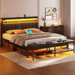 Rolanstar Queen Bed Frame with Charging Station & LED Lights, Detachable Shoe Bench, Upholstered Headboard with Storage Shelves, Heavy Duty Metal Slats, No Box Spring Needed, Easy Assembly,Grey