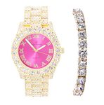 Charles Raymond Women's Big Rocks Bezel Colored Dial with Roman Numerals Fully Iced Out Watch - ST10327LA, ST10327TLA Gold - Hot Pink, 7.5 inches, ST10327LA (TLA Gold - Hot Pink)