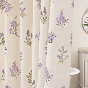 Purple Floral Linen Shower Curtain, Spring Vintage Farmhouse Style, 72x84