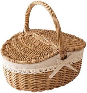 Portable Wicker Picnic Basket with Lid and Handle Gift Basket with Removable Washable Liner for Christmas Outdoor Camping, Candy Basket, Storage Hoppet.