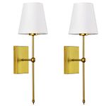 GLADFRESIT Modern Wall Light Set of 2 White Fabric Shade Wall Sconce Hardwired Indoor Wall Bedside Lamp Bathroom Vanity Light Fixture, Brushed Brass