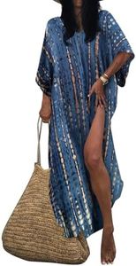 Bsubseach Femme Robe de Plage Tunique Plage Caftan Grande Taille Demi Manches Kaftan Bohème Maxi Longue Bleu