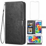 Asuwish Compatible with Samsung Galaxy S5 Wallet Case Tempered Glass Screen Protector and Leather Flip Cover Card Holder Stand Phone Cases for Glaxay S 5 Neo Gaxaly 5S Galaxies GS5 G900A G900T Black