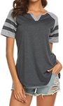 Locryz Women's Raglan Short Sleeve Notch Neck Color Block Baseball T-Shirts Top M Deep Grey