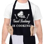 Xialvyu Funny Aprons for Men, MR Good Looking is Cooking, Professional Kitchen Cooking Apron Chef Husband Bib Aprons with Double Pocket Adjustable for Father's Day Birthday Gift