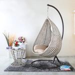Jiomee Furniture™ Outdoor-Indoor Rattan Wicker Hanging Egg Chair Swing with Stand (White & Beige)