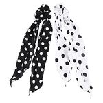 Vachi® Polka Dots Hair Ribbon Scrunchies Ties Polyester Printed Scarf, Hair Bands 2 In 1 Ponytail Holders Scrunchy For Girls, Kid Girls Elastic Bow Accessories (Black -White, Set Of 2)