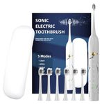 MAXWISDOM Electric Toothbrush for Adults - Electric Toothbrush with case, 6 Replacement Brush Heads, 5 Modes, 3 Intensity Levels,120 Days Battery Life(White)…