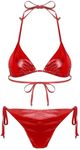 TiaoBug Women's Metallic Shiny Halter Padded Triangle Self Tie Bikini Bathing Suits 2 Piece Bikini Swimsuits Red Large