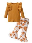 Toddler Baby Girls Clothes Outfit Little Kids Solid Color Long Sleeve Ruffles Shirt Floral Flared Pants 2Pcs Clothing 2-3T Brown