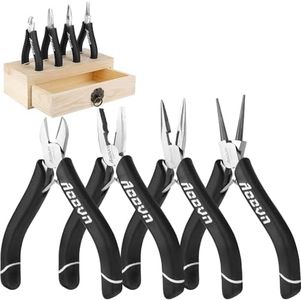 Jewelry Pliers Sets,Professional 4 piece Mini Wire Plier with Wood Holder Drawer,Jewelers Making Tools Kit for Beading Crafting, Crimping, Cutting, Repair, Wrapping for Adults Starter