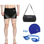 SHIFTER Swimming Costume Trunks Shorts for Men | Anti Fog Swimming Goggles | Silicone Swim Cap for Kids Adults | Earplugs Noseplugs Set Swimming Combo Kit with Carry Duffle Gym Bag (X-Large, Blue)