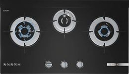 Bosch Built in Gas Hob Black Tempered glass Glass 3 Burner Auto Ignition 70 cm 2 Mini Triple Ring Brass Burner and 1 Double Ring Brass (PMD83D31NX)