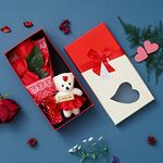 eCraftIndia Red Roses Bouquet and White & Red Teddy Bear Valentine's Rectangle Shaped Gift Box