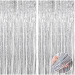 4 Pcs Silver Tinsel Foil Fringe Curtains Backdrop, Silver Streamer Backdrop Curtain for Party Wedding Holiday Decorations Fringe Backdrop Photo Booth Props, Parties Silver Streamers