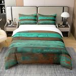 Teal Barn Door 100% Cotton Duvet Cover King Turquoise Brown Wooden Wood Western Bedding Set Retro Rustic Farmhouse Comforter Cover for Kids Teen Adults Men Old Plank Country Style Bed Set Soft Comfy