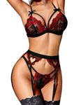 RSLOVE Women Lingerie Sets with Garter Belts 3 Piece Lace Teddy Babydoll Bodysuit (No Stockings) Black-Red XXL