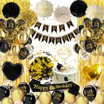 Black Gold Birthday Decoration Set ,Birthday Party Decorations for Men Women with Happy Birthday Decorations Banner with Birthday Balloons Black Gold,Paper Pompoms,Fringe Curtain for Birthday Party