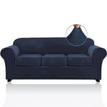 4 Pieces Sofa Covers Stretch Velvet Couch Covers for 3 Cushion Sofa Slipcovers Soft Sofa Slip Covers Furniture Covers with 3 Individual Seat Cushion Covers, Machine Washable (Large, Navy)